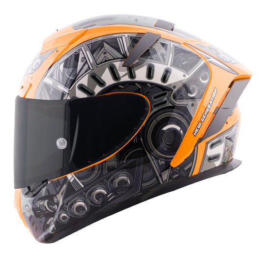 Steelbird SA-2 Terminator 2.0 ISI Certified Full Face Graphic Helmet with Smoke Visor (Glossy Fluo Orange Grey)