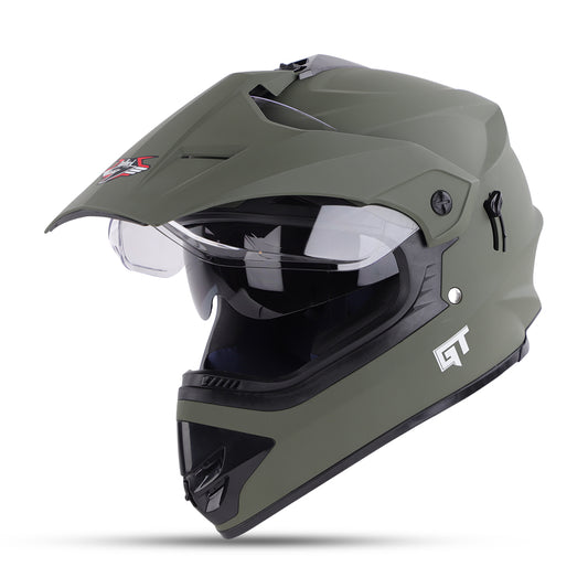Steelbird GT Off Road ISI Certified Motocross Double Visor Full Face Helmet Outer Clear Visor and Inner Smoke Sun Shield (Matt Battle Green)