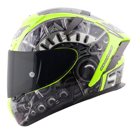 Steelbird SA-2 Terminator 2.0 ISI Certified Full Face Graphic Helmet with Smoke Visor (Glossy Fluo Neon Grey)