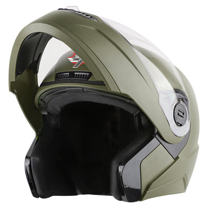 Steelbird SBA-7 7Wings ISI Certified Flip-Up Helmet for Men and Women ( Dashing Battle Green with Clear Visor)