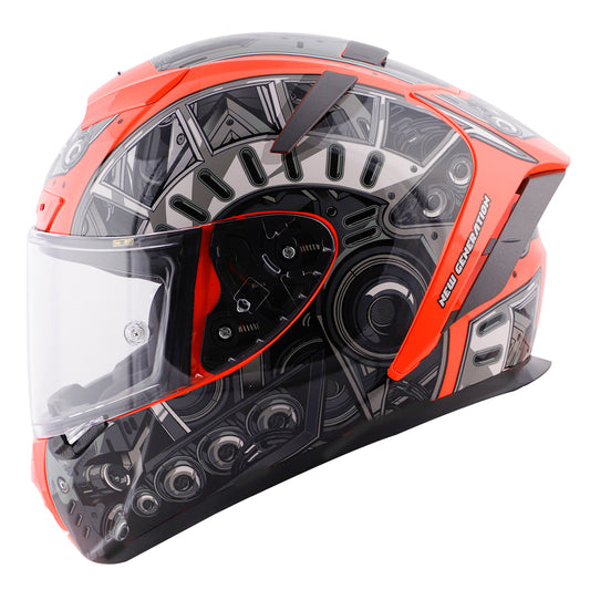 Steelbird SA-2 Terminator 2.0 ISI Certified Full Face Graphic Helmet with Clear Visor (Glossy Fluo Red Grey)