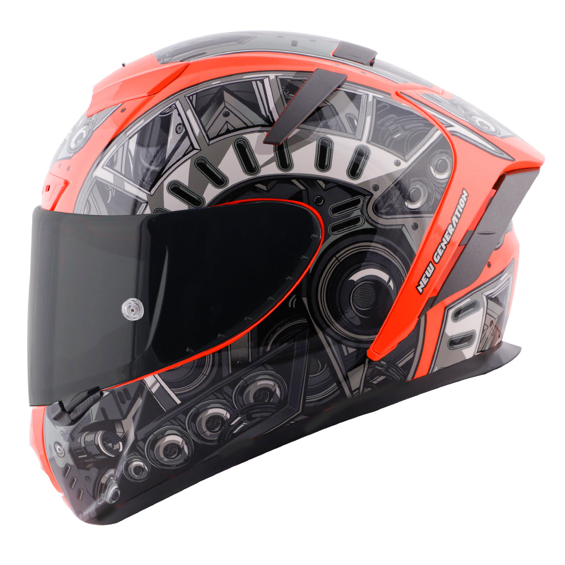 Steelbird SA-2 Terminator 2.0 ISI Certified Full Face Graphic Helmet with Smoke Visor (Glossy Fluo Red Grey)