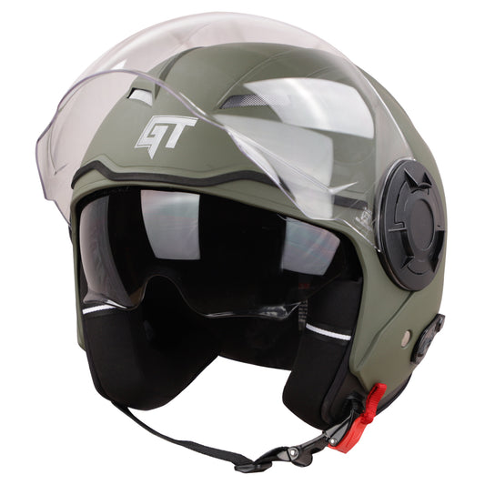Steelbird GT Dashing ISI Certified Open Face Helmet for Men and Women with Inner Sun Shield ( Dual Visor Mechanism ) (Dashing Battle Green)