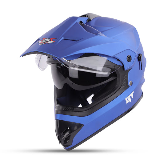 Steelbird GT Off Road ISI Certified Motocross Double Visor Full Face Helmet Outer Clear Visor and Inner Smoke Sun Shield (Matt Y. Blue)