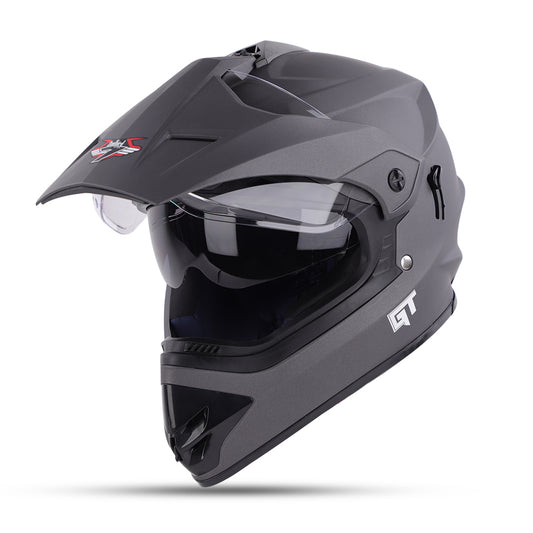 Steelbird GT Off Road ISI Certified Motocross Double Visor Full Face Helmet Outer Clear Visor and Inner Smoke Sun Shield (Matt Axis Grey)