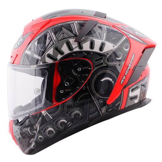 Steelbird SA-2 Terminator 2.0 ISI Certified Full Face Graphic Helmet for Men and Women (Glossy Fluo Watermelon Grey with Clear Visor)