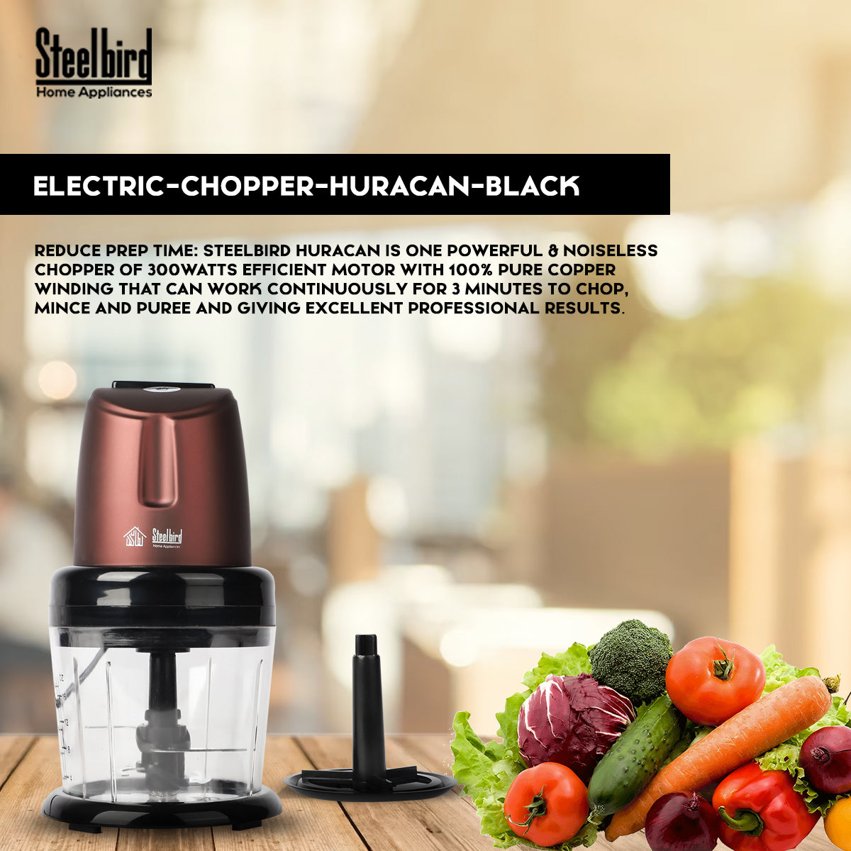 Steelbird Huracan - 300 Watts Electric Chopper with Copper Motor, Chop, Mince, Puree, Whisk, 800 ml Capacity, One Touch Operation (Maroon)