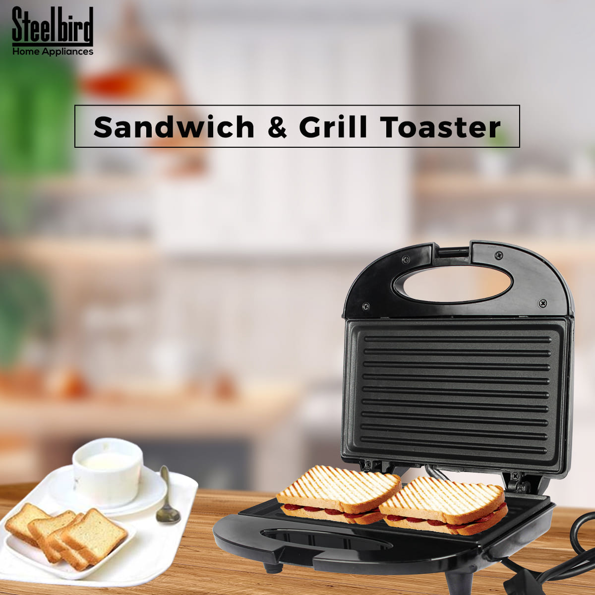 Steelbird Cyborg Toaster Grill 750 Watt Grill Sandwich Maker with Non-Stick Coated Plates for Easy-to-Clean and Buckle Clips Lock (Black)