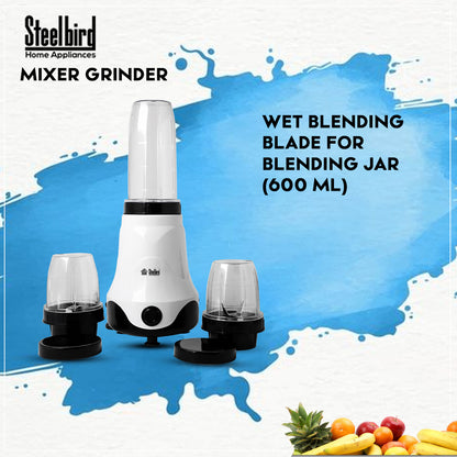 Steelbird Terminator 300-Watt Nutri Pro Mixer Grinder for Wet & Dry Grinding with All In One - 3 Jar for Spice Herb Cereal Beans Vegetables Fruits Nuts Spices (White with Black)