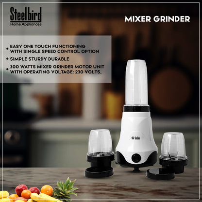 Steelbird Terminator 300-Watt Nutri Pro Mixer Grinder for Wet & Dry Grinding with All In One - 3 Jar for Spice Herb Cereal Beans Vegetables Fruits Nuts Spices (White with Black)
