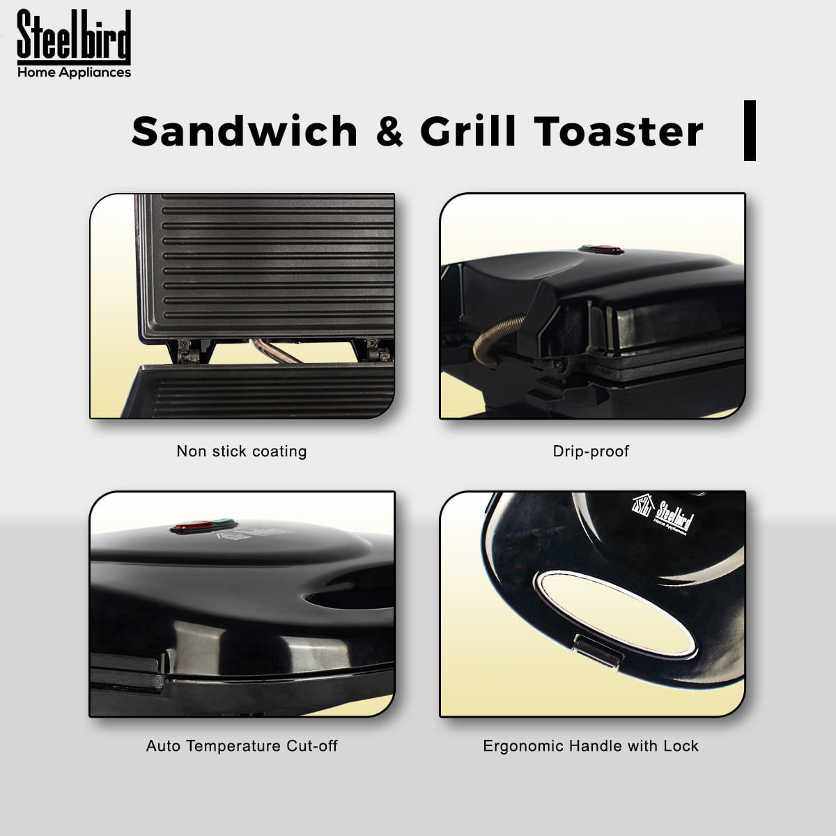 Steelbird Cyborg Toaster Grill 750 Watt Grill Sandwich Maker with Non-Stick Coated Plates for Easy-to-Clean and Buckle Clips Lock (Black)