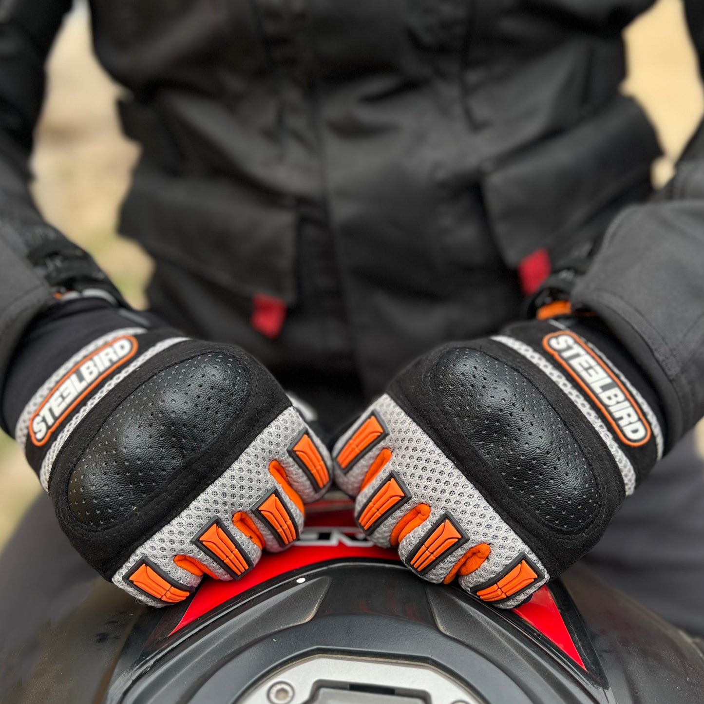 Steelbird Adventure A-1 Full Finger Riding Gloves with Touch Screen Sensitivity at Thumb and Index Finger, Protective Off-Road Motorbike Racing (Orange)