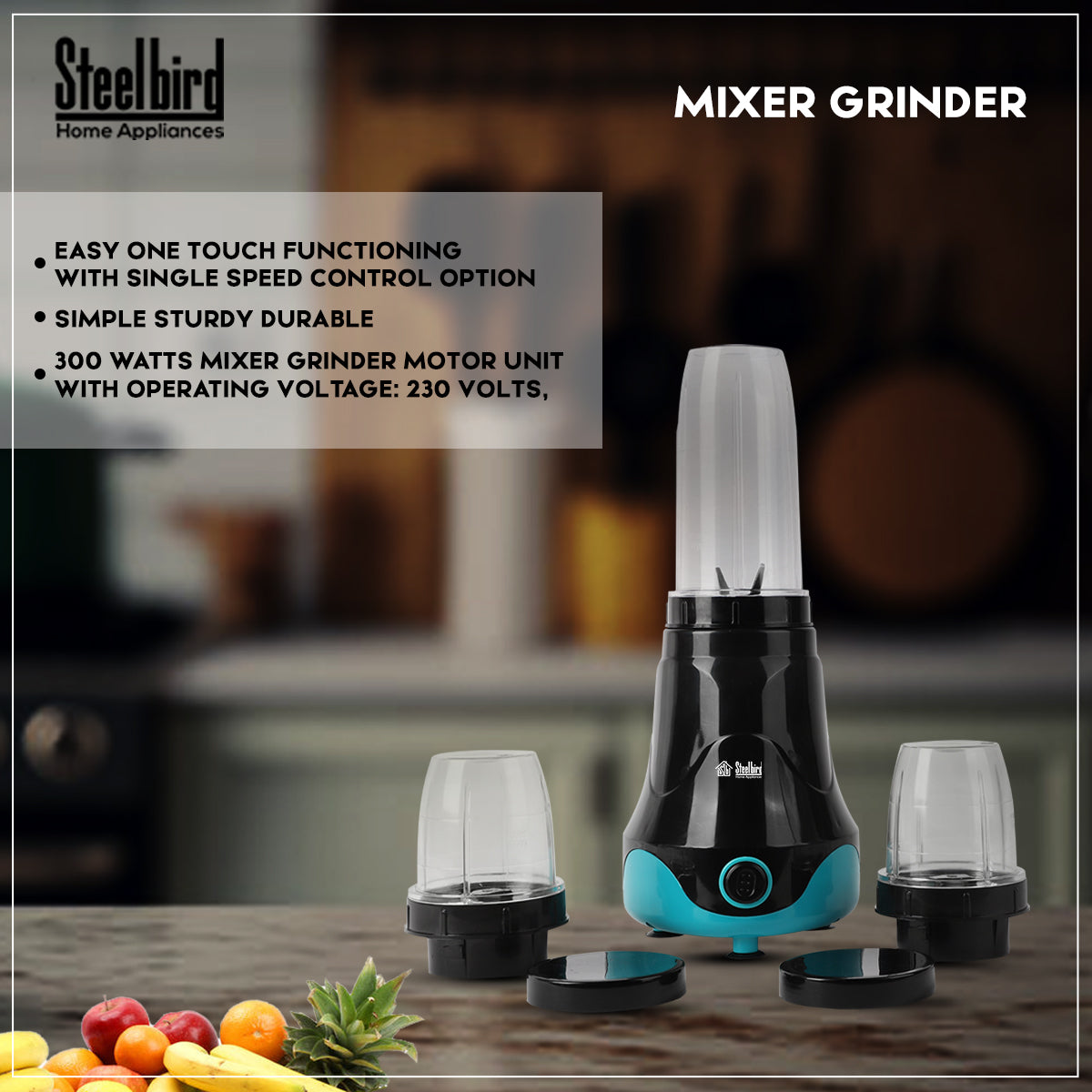 Steelbird Terminator 300-Watt Nutri Pro Mixer Grinder for Wet & Dry Grinding with All In One - 3 Jar for Spice Herb Cereal Beans Vegetables Fruits Nuts Spices (Black with Blue)